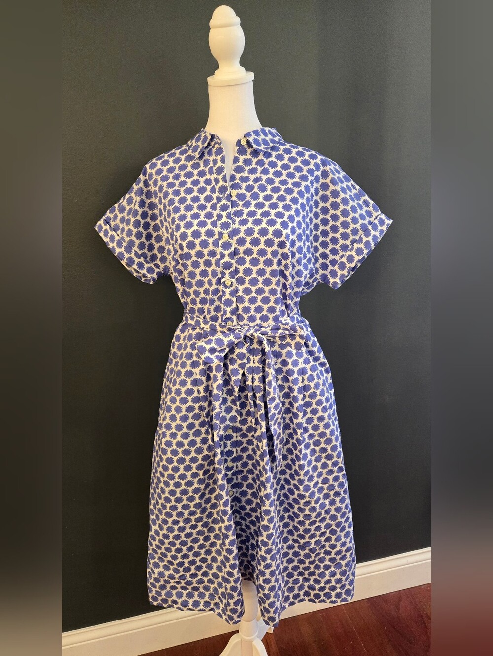 Talbots Blue and White Tie-Waist With Pockets Midi Shirt Dress